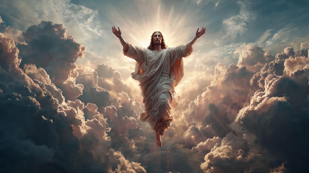Una figura celestiale ascende tra nuvole splendide, illuminata da una luce radiosa che enfatizza un momento divino di trascendenza e presenza celestiale.