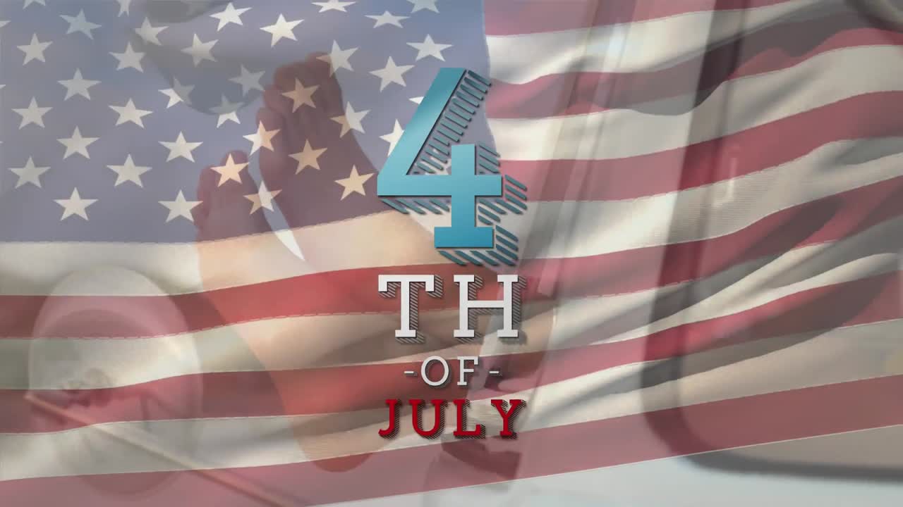 Chilling in car with with US flag waving and independence date foreground