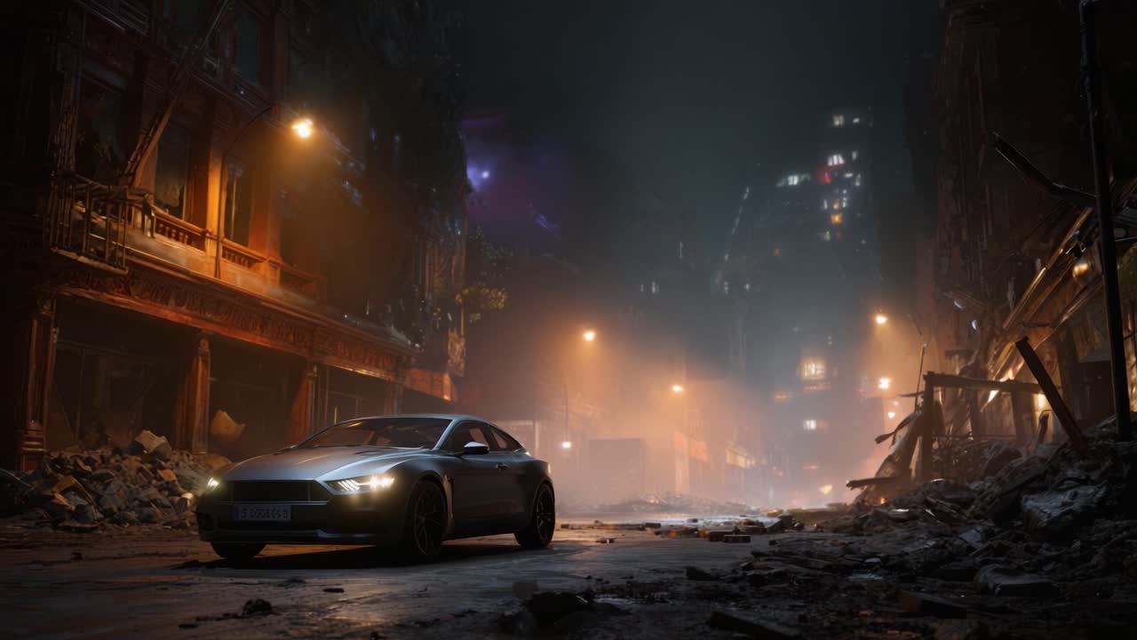 Un'auto elegante si muove attraverso un desolato paesaggio urbano di notte, illuminata dai lampioni tra i detriti lasciati in una scena di città post-apocalittica.