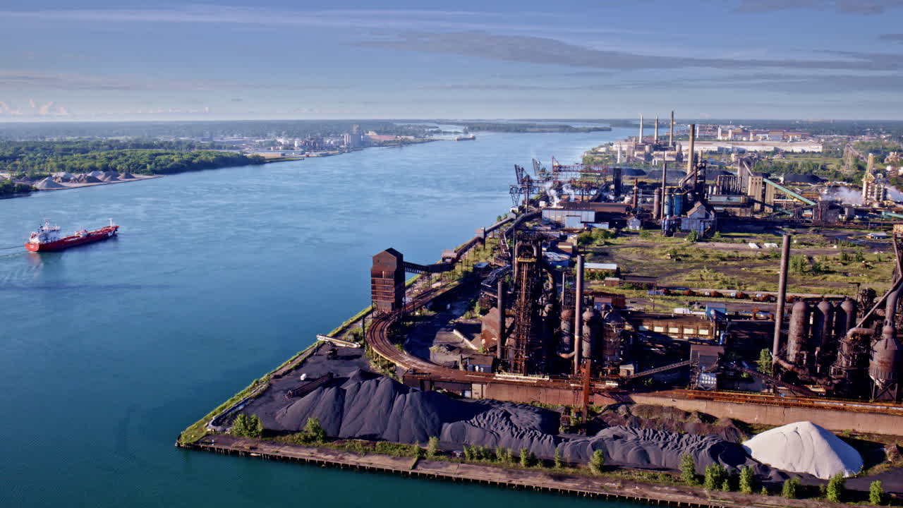 Majestic drone shot in cinematic motion circling the border bridge of the U.S. and Canada