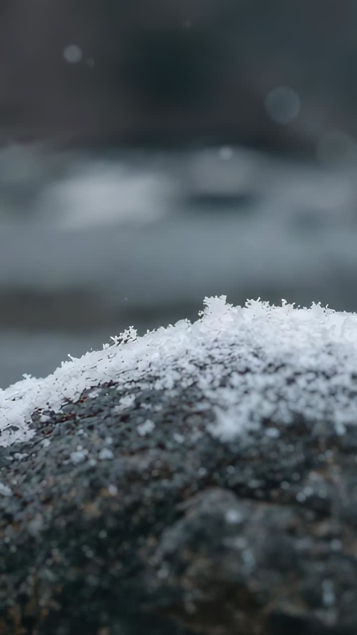 Vertical video: Drifting snowflakes settling on frosted rock at roadside under cold overcast sky