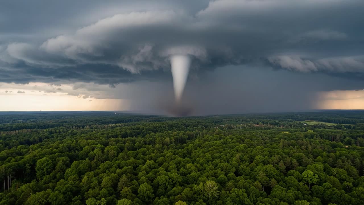 A Captivating Representation of Nature's Fury: The Formation of a Tornado in a Lush Green Forest Under Dramatic Thunderstorm Clouds