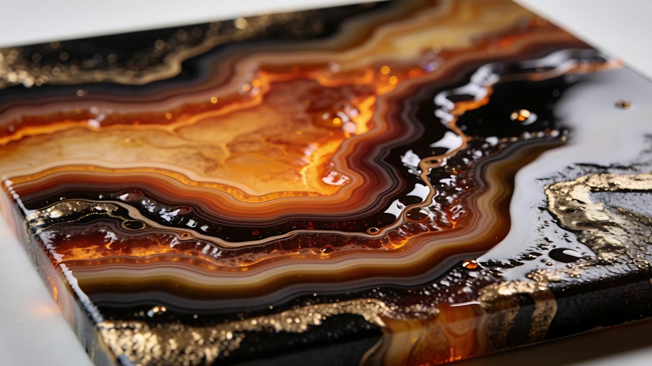 Câmera em movimento mostrando painel de resina em mesa branca com detalhes em folha de ouro e gotejamento âmbar se assentando.