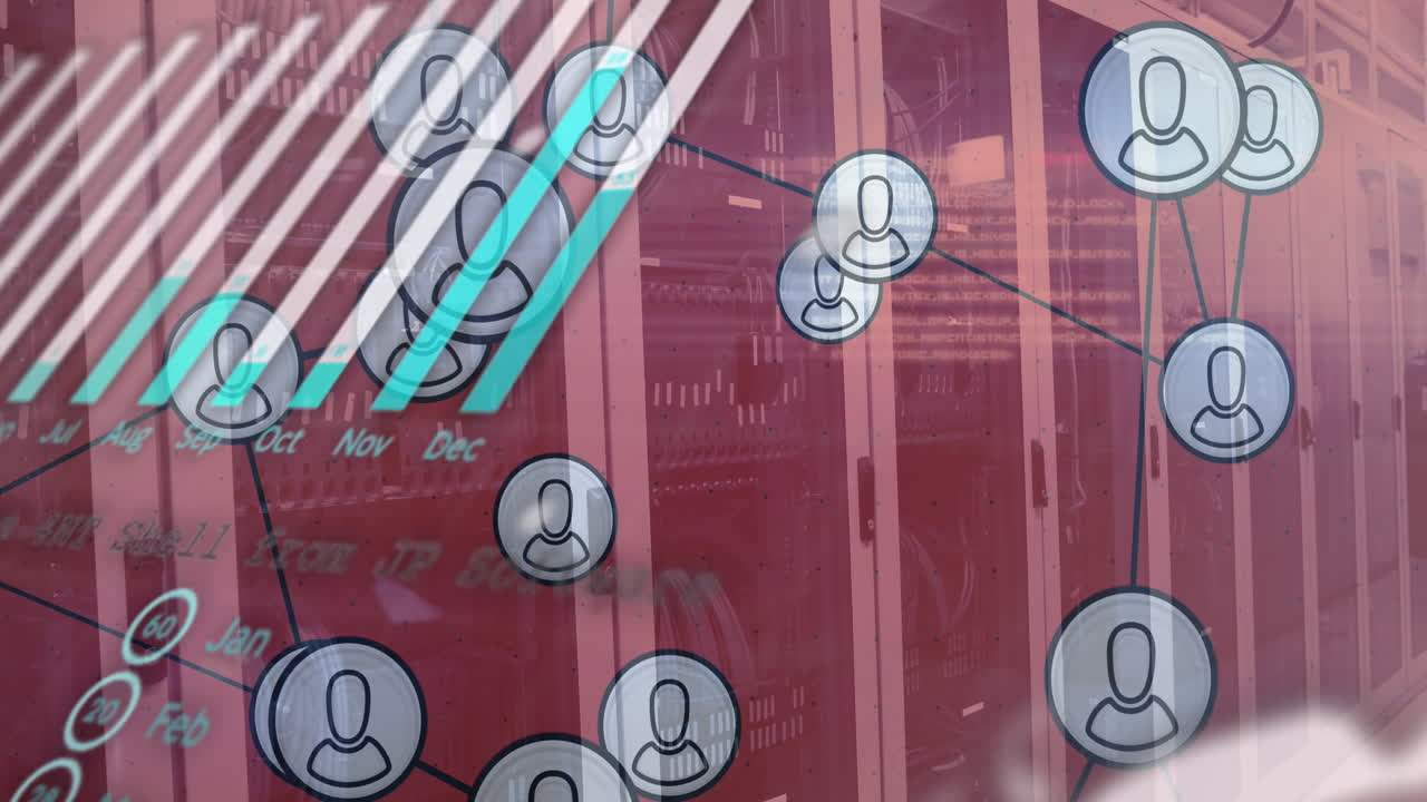 animación de gráficos y conexiones con iconos de usuario sobre servidores