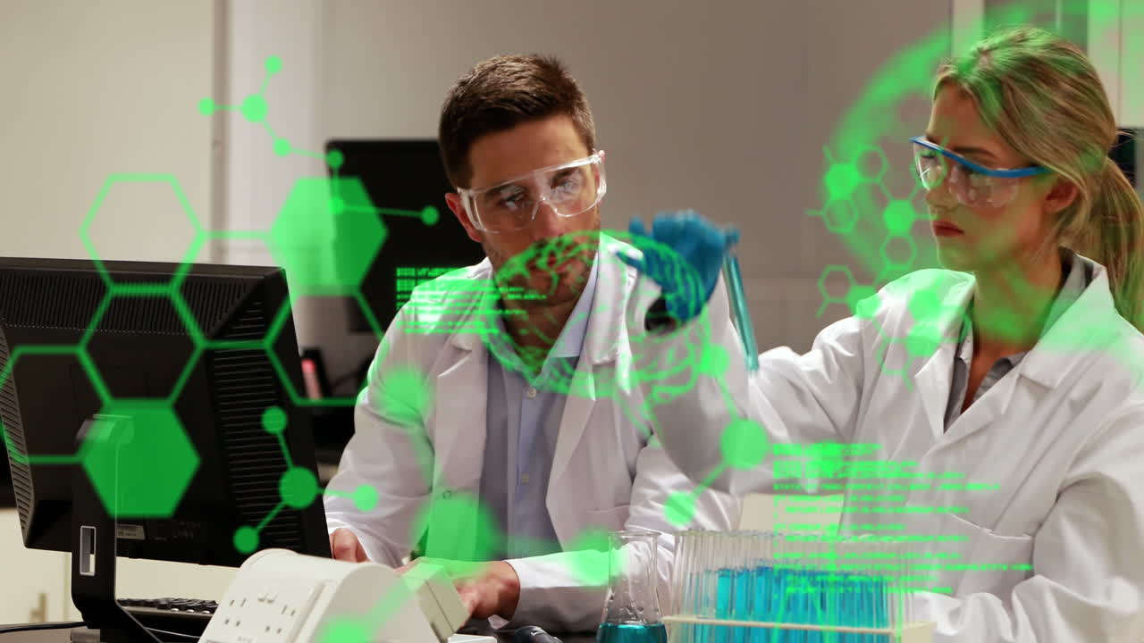 animación del lenguaje informático, cerebros, estructuras moleculares, diversos científicos examinando el líquido