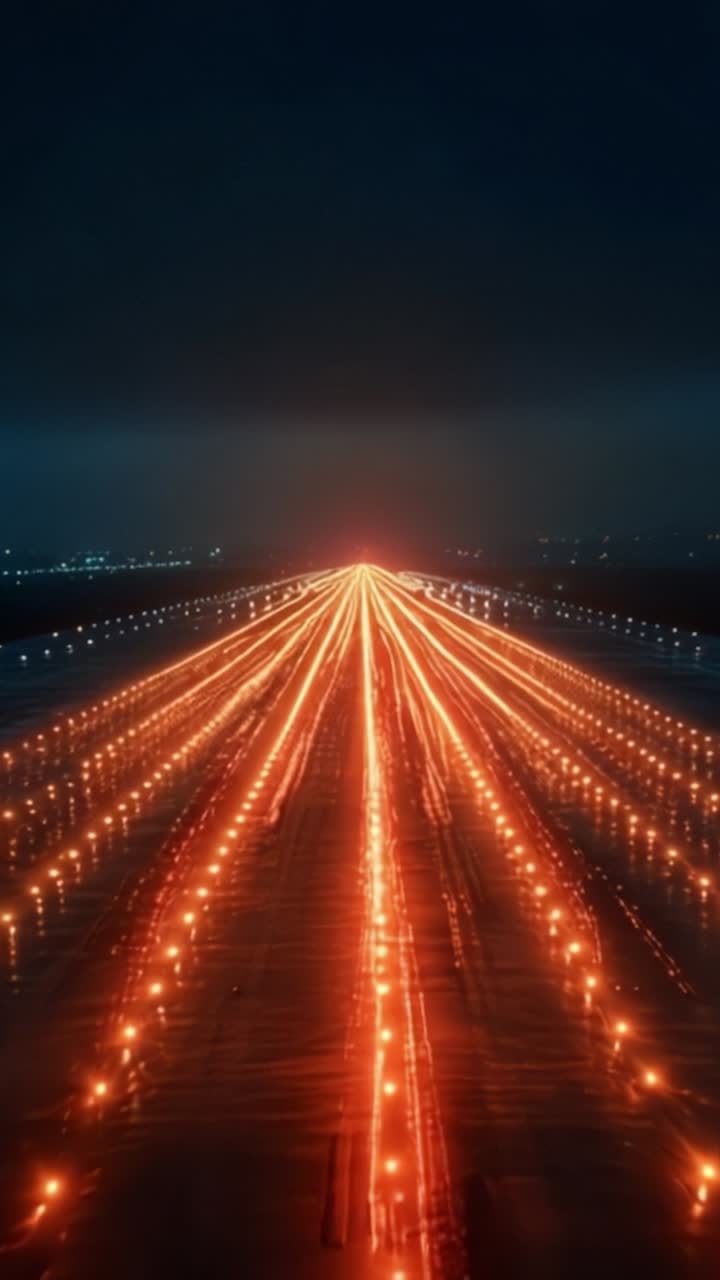Captivating Display of Lights Creating Dynamic Patterns on a Runway During Nighttime, Showcasing Vibrant Orange and Warm Hues Against a Dark Sky