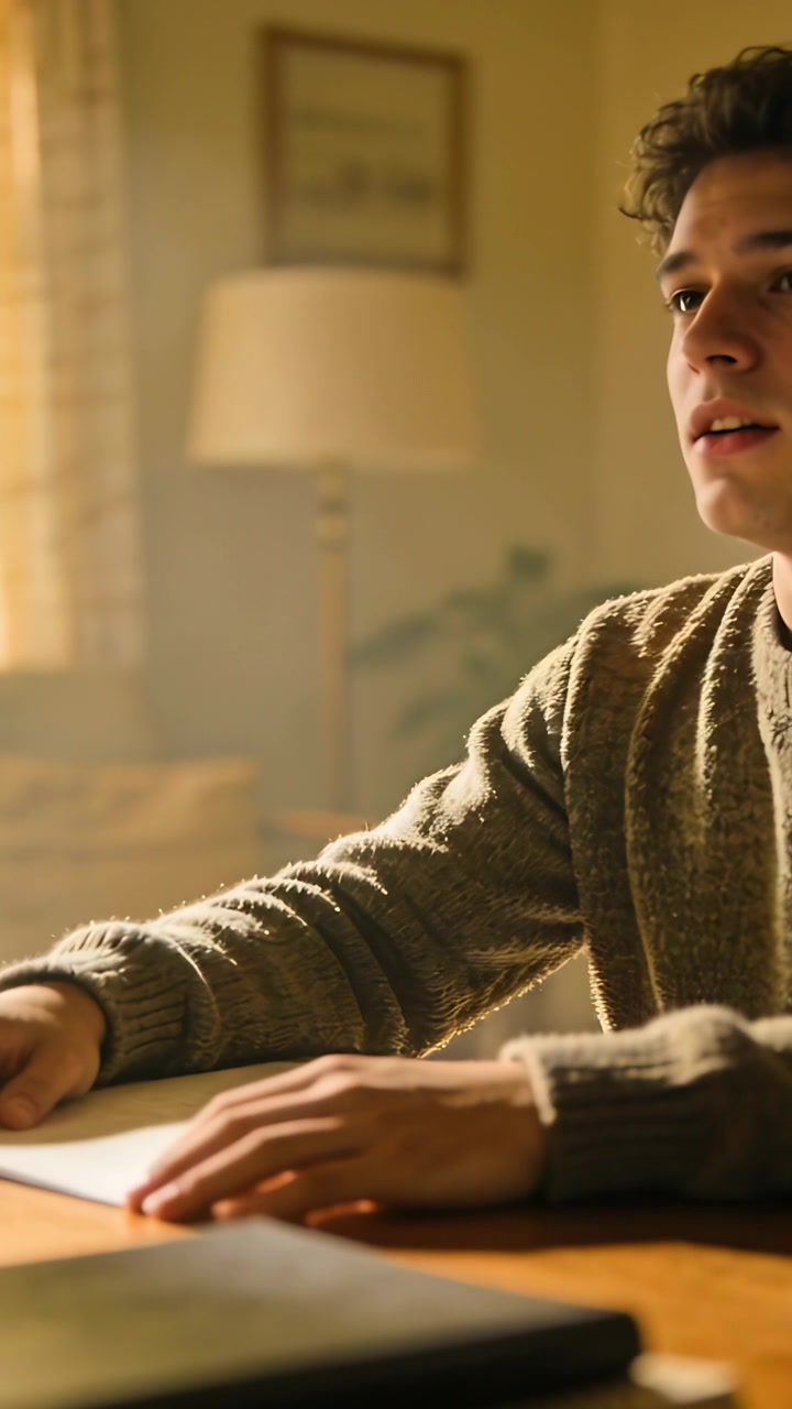 Vertical video: Hearing sound man in jumper speaking, touching paper at home table, copy space