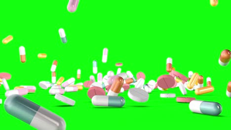 녹색 배경에 다양한 약과 의 세트 3d 렌더링