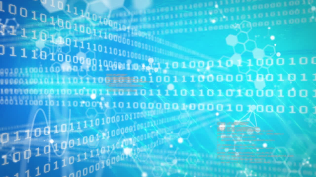 animación de código binario y procesamiento de datos científicos sobre fondo azul