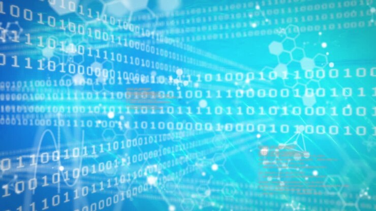 Animation of binary code and scientific data processing on blue background