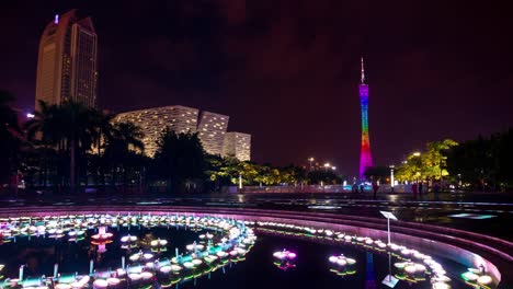 night illuminated guangzhou city canton tower fountain panorama 4k time lapse china