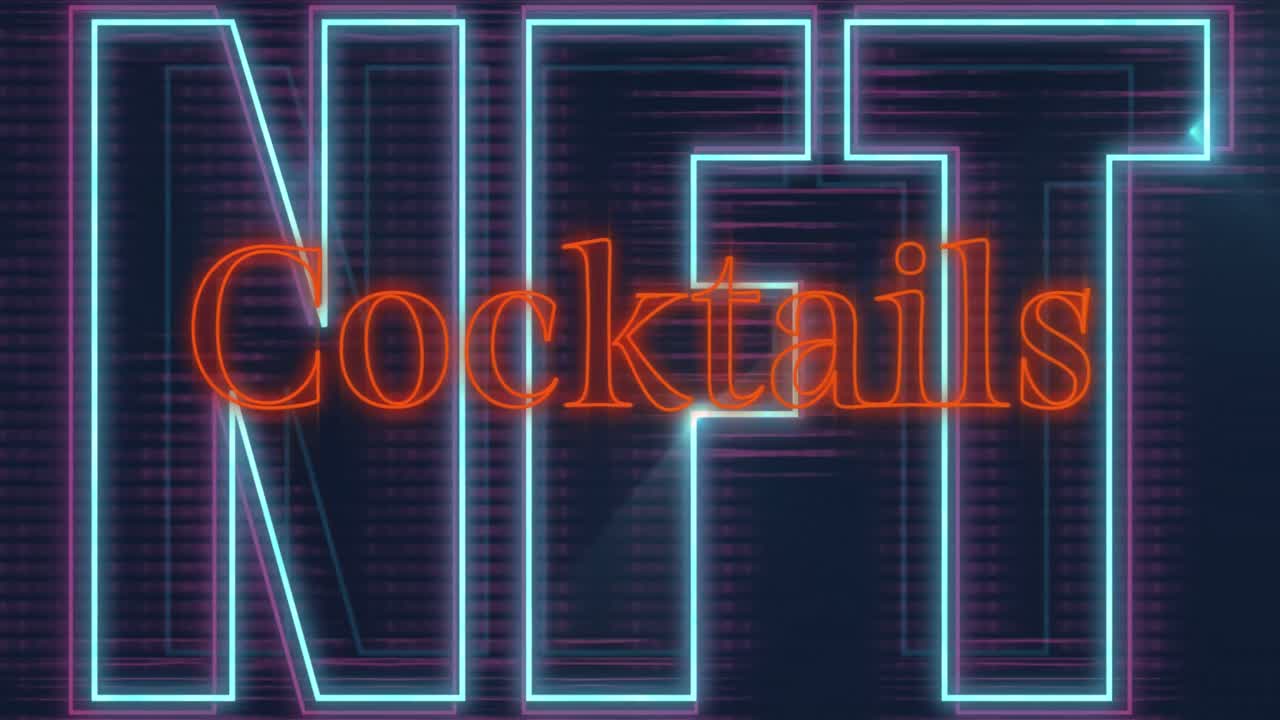 animación de banner de texto de cóctel de neón naranja sobre banner de texto de neón nft en fondo negro.