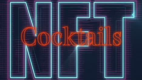 animación de banner de texto de cóctel de neón naranja sobre banner de texto de neón nft en fondo negro.