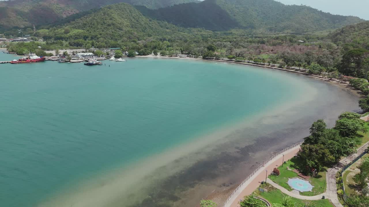 Aerial footage from a drone highlights the Chaguaramas boardwalk and Williams Bay on the Caribbean island of Trinidad.
