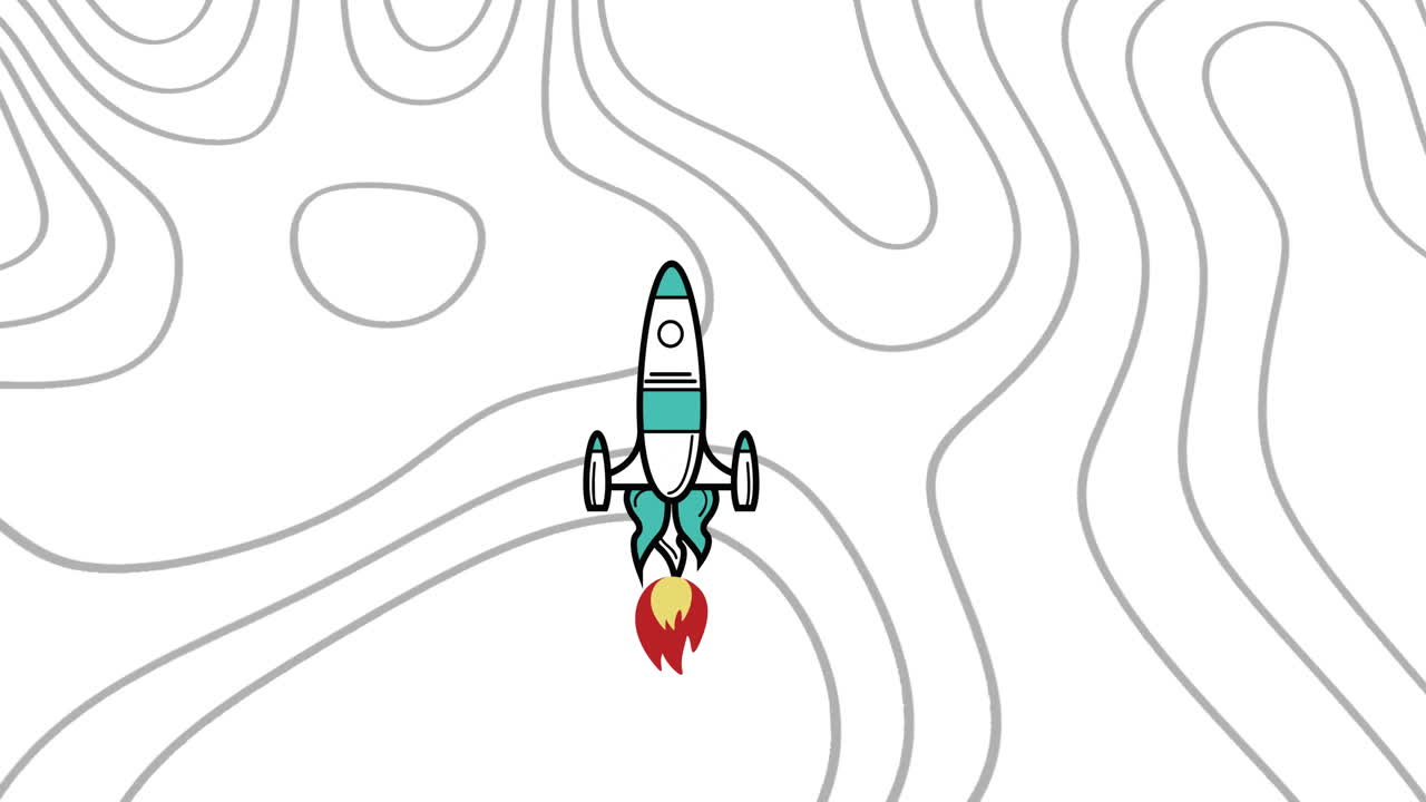 Rocket launching with flames over abstract line pattern animation