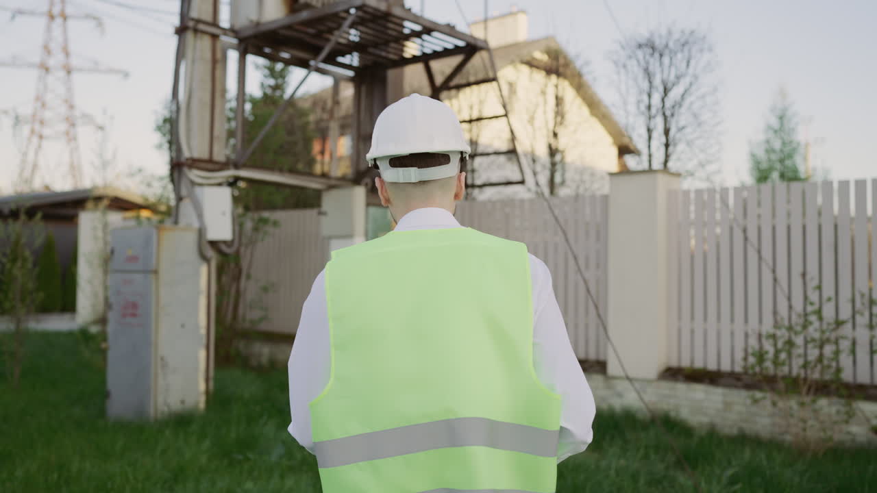 Engineer in safety gear walking near power infrastructure
