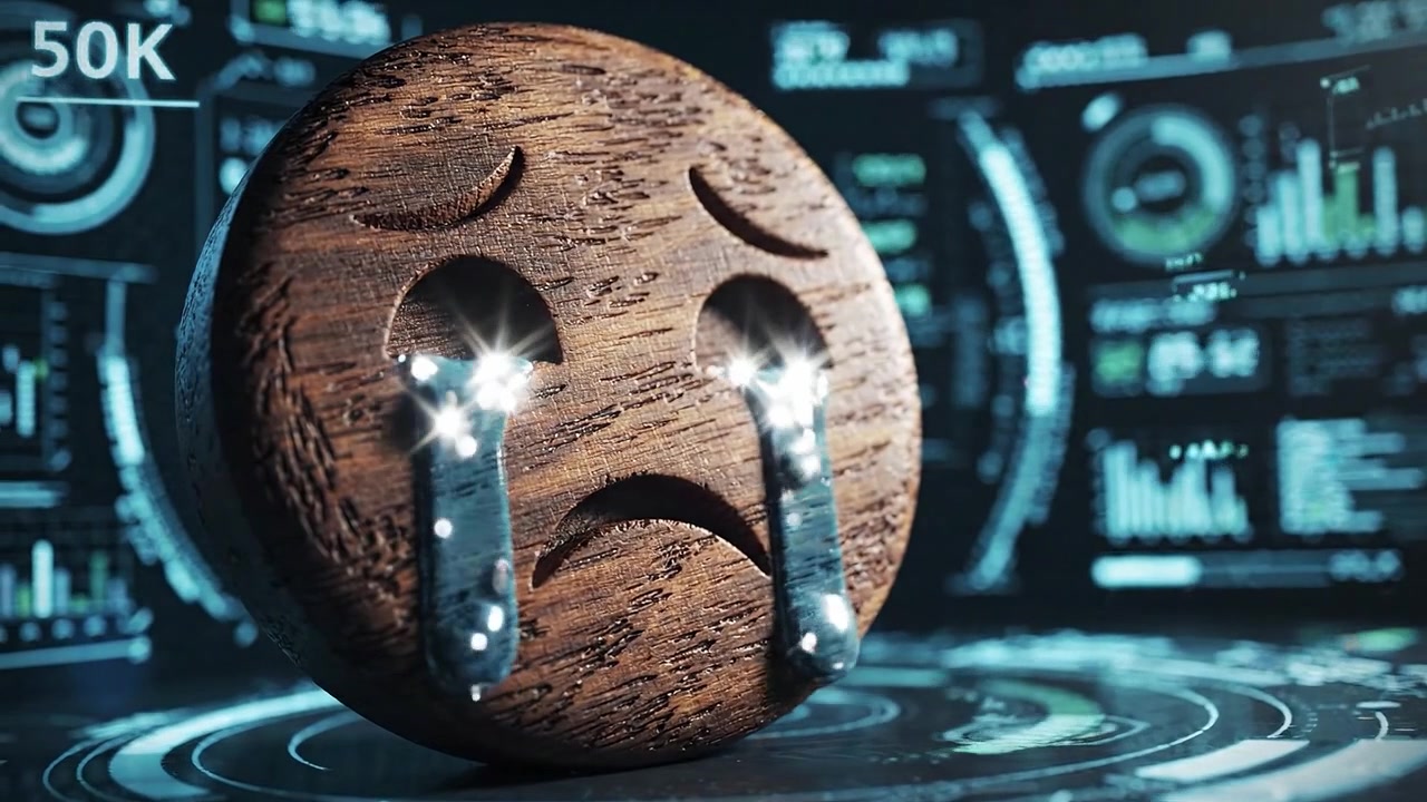 Una rappresentazione evocativa di un'emoji angosciata con lacrime, ambientata su uno sfondo di analisi digitali, che trasmette emozioni profonde e l'impatto della tecnologia sui sentimenti.
