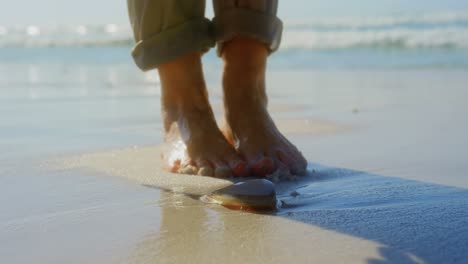 Sección-Baja-De-Una-Mujer-Mayor-Activa-Recogiendo-Conchas-En-La-Playa-4k