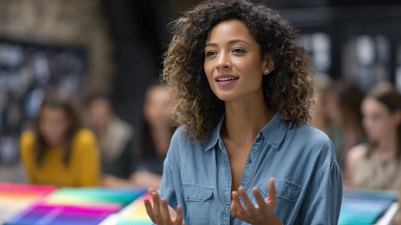 Engaging Presentation by a Confident Speaker in a Creative Workshop Setting Highlighting a Dynamic Discussion with Attentive Audience Members Focused on Color and Design Concepts