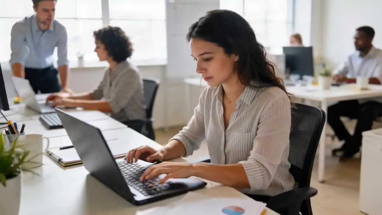 Tippende Frau in heller Bluse im Büro aktualisiert Bericht am Laptop mit Diagrammen, Kollege geht vorbei.