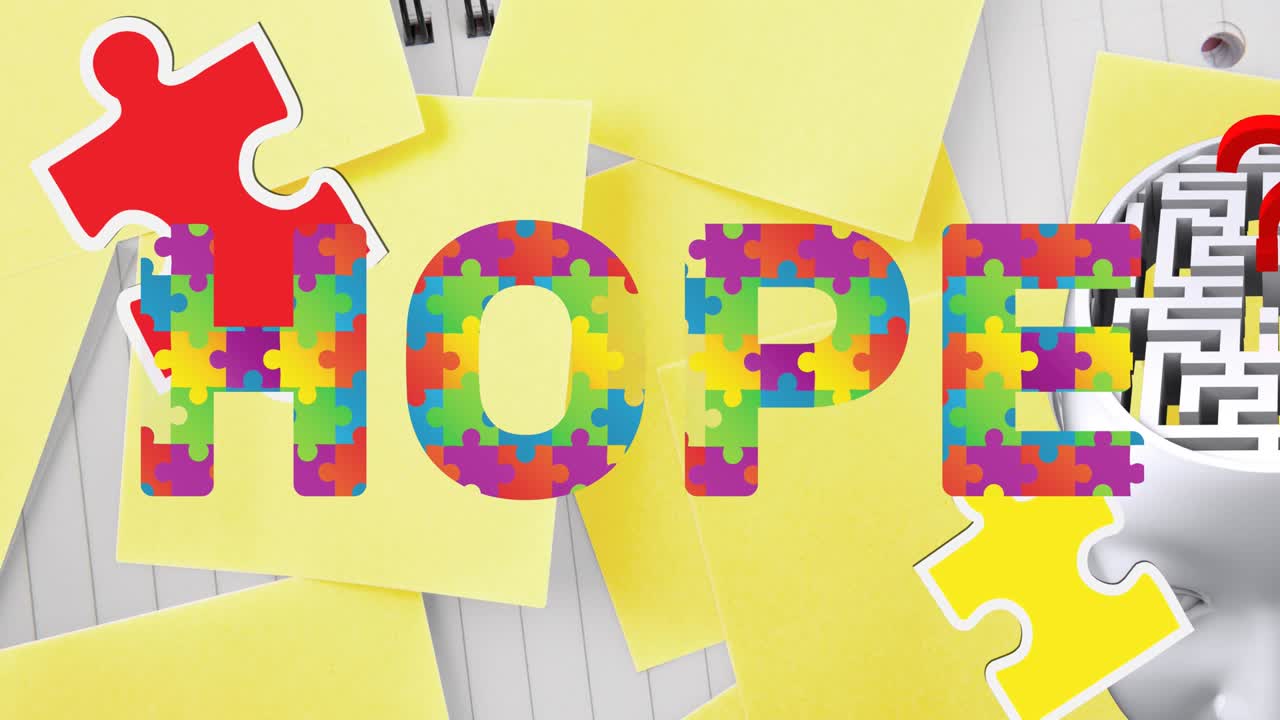 자폐증 인식의 달의 애니메이션 다채로운 퍼즐 조각은 뇌와 미로로 희망 텍스트를 형성합니다.