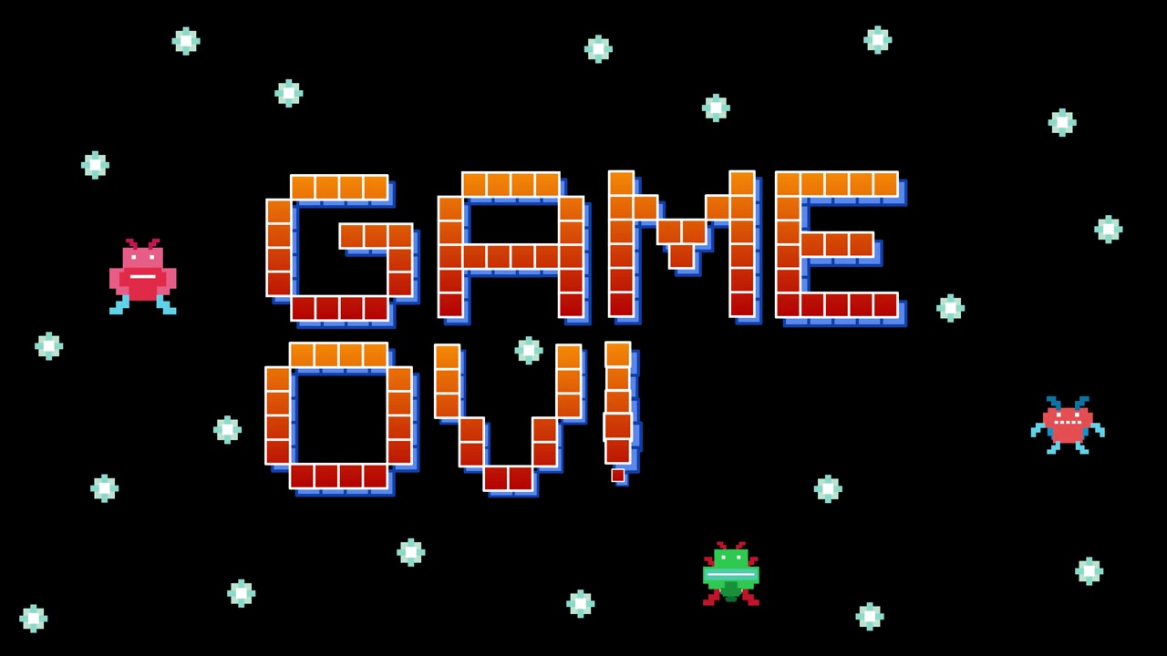 Pixelated Game Over text appears letter by letter amidst colorful space invaders on black background