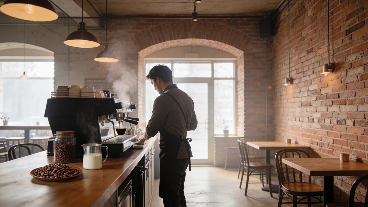 Un barista con un grembiule scuro estrae l'espresso con il portafiltro, mentre il vapore sale e monta il latte in un caffè con pareti in mattoni.