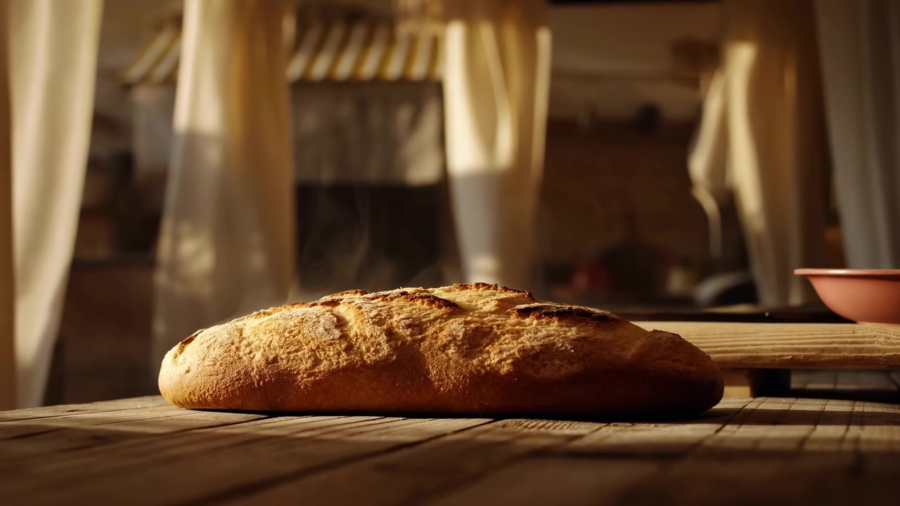 Fresh Sourdough Loaf On Wooden Table Basking In Warm Sunlight With Linen Curtains And Clay Bowl In Background,