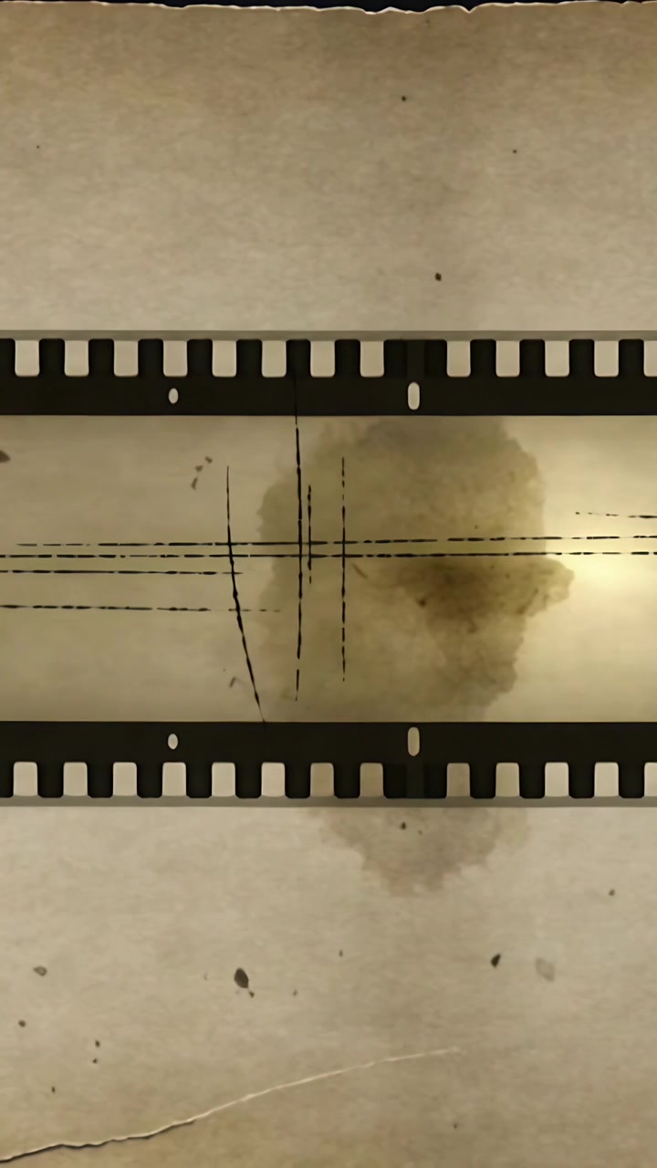 Vídeo vertical: Mancha de tinta aparecendo, espalhando-se atrás de uma tira de filme com arranhões em arco no papel