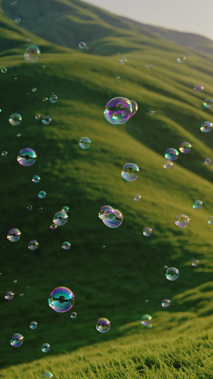 Video still of floating bubbles over rolling green hills, captured from a low angle