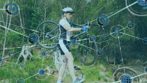 iconos y red de conexiones sobre una ciclista llevando su bicicleta