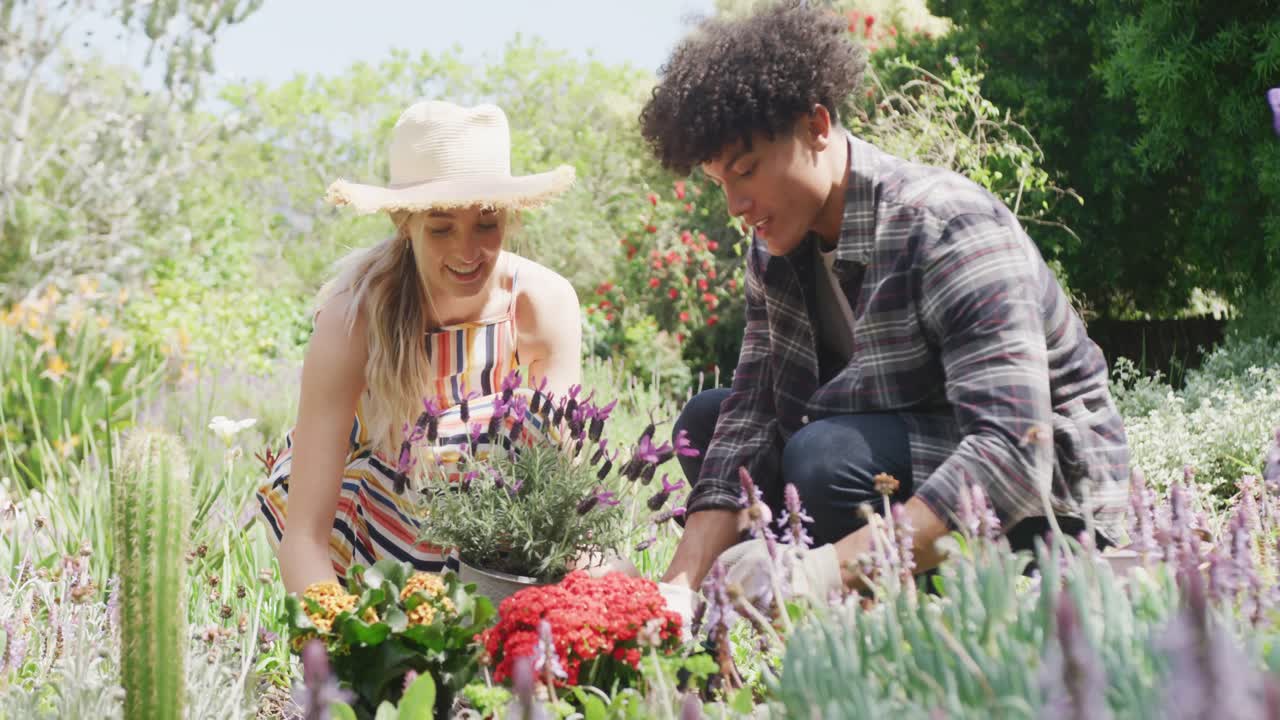Happy diverse couple gardening in garden on sunny day