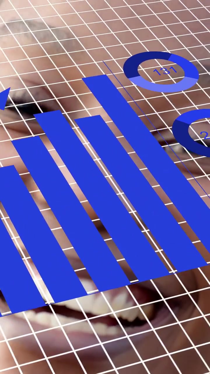 Video verticale: Una griglia appare, grafici scorrono, un grafico a torta gira e delle lamelle si muovono sul viso mostrando dati.