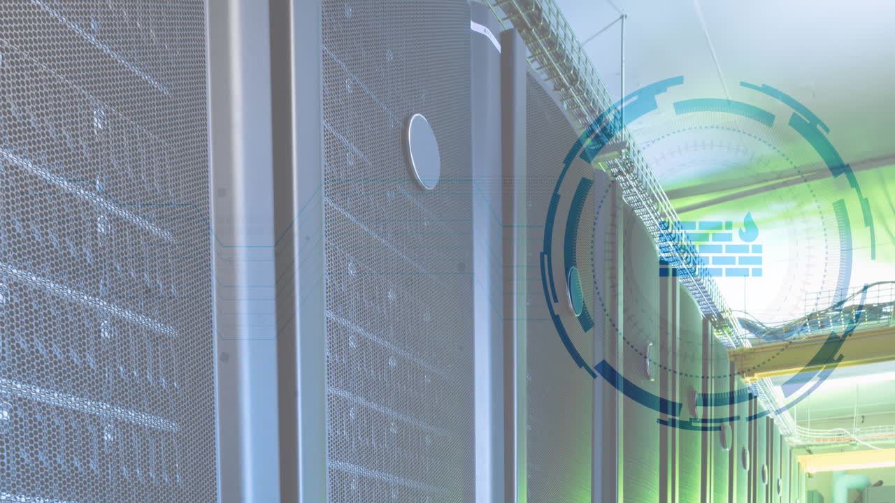 Animation of firewall icon in loading circles over server racks in server room