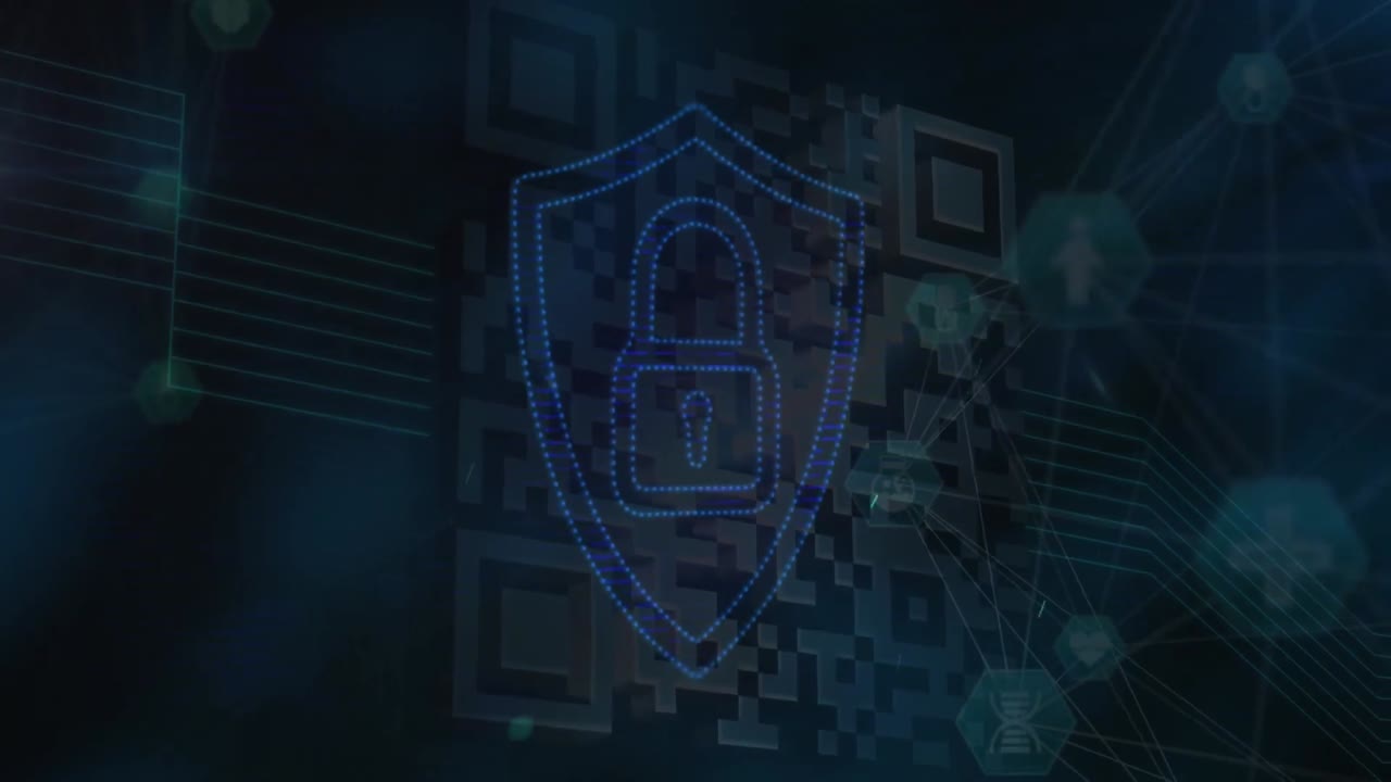 Animation of data and digital padlock on black background