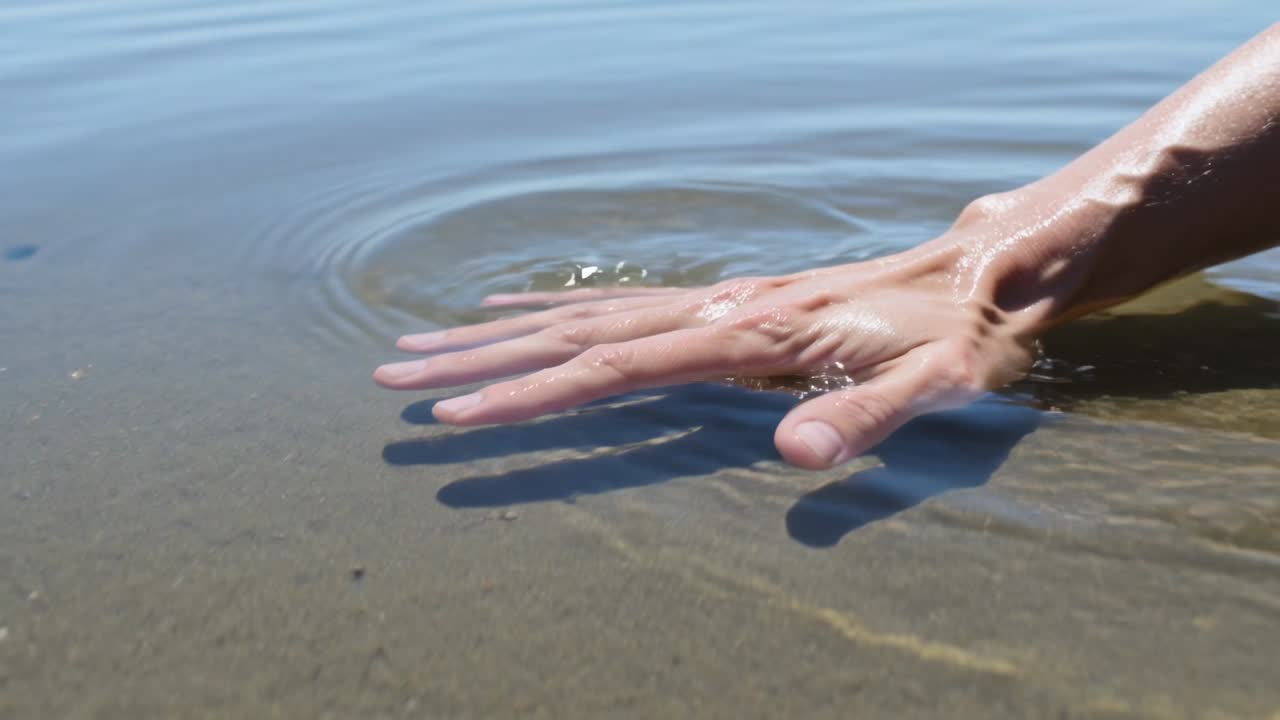 Touching fingertips, male hand sliding across shallow water and sand, creating ripples, copy space