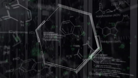 animación de la fórmula química y procesamiento de datos en la sala del servidor.