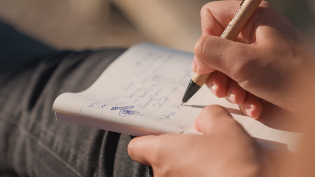 Indivíduo criando letras de músicas no colo. Mulher criativa anotando ideias de músicas em caderno pessoal. Compositora focada rascunhando letras com tinta azul no colo sob iluminação quente.