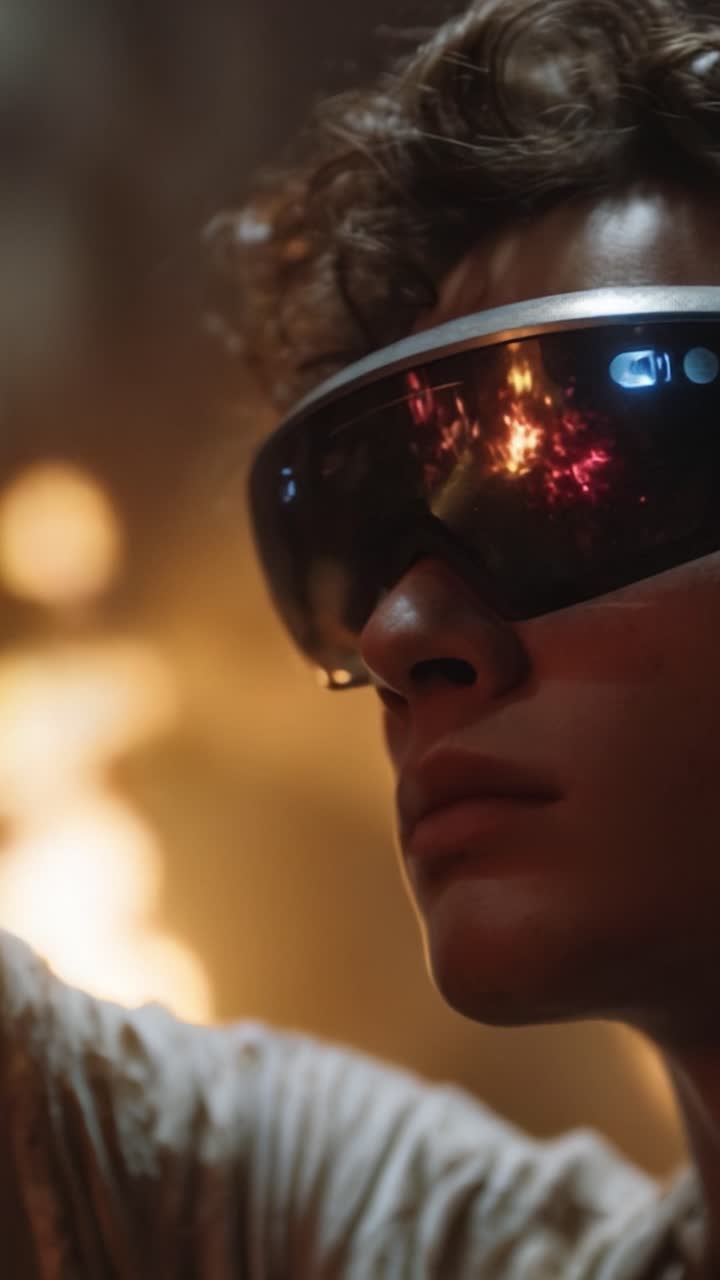 Un giovane uomo con occhiali futuristici fissa intensamente la vibrante illuminazione delle fiamme, mostrando la fusione di tecnologia ed emozioni intense in questa scena accattivante