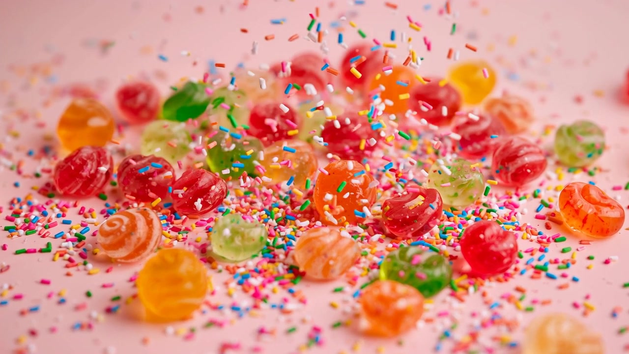 Spruzzi multicolori che cadono su caramelle a spirale rotonde su un tavolo rosa, creando un rivestimento
