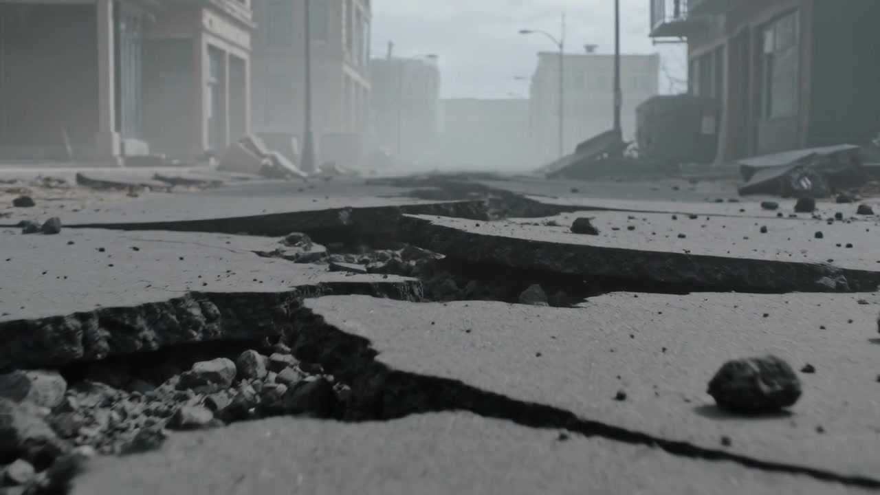 Moving low camera showing cracked asphalt slabs filling street, revealing rubble and damaged car