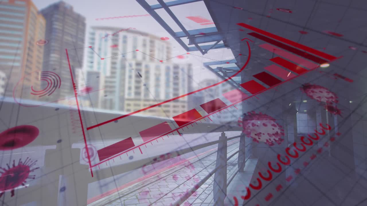 Graph and coronavirus cells over city buildings.