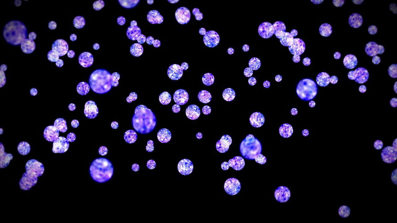 검은 바탕에 많은 은 크리스탈 구를 날아. 투명, 다채로운 유리 빛. 반이는 공 회전의 3d 애니메이션. 루프 애니메이션.