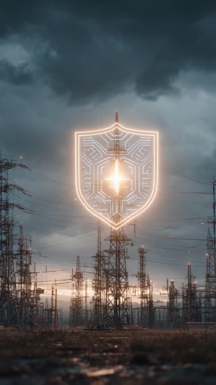Mystical Shield Illuminates a Power Grid Amidst Darkening Skies, Symbolizing Strength and Protection in a Technological Landscape
