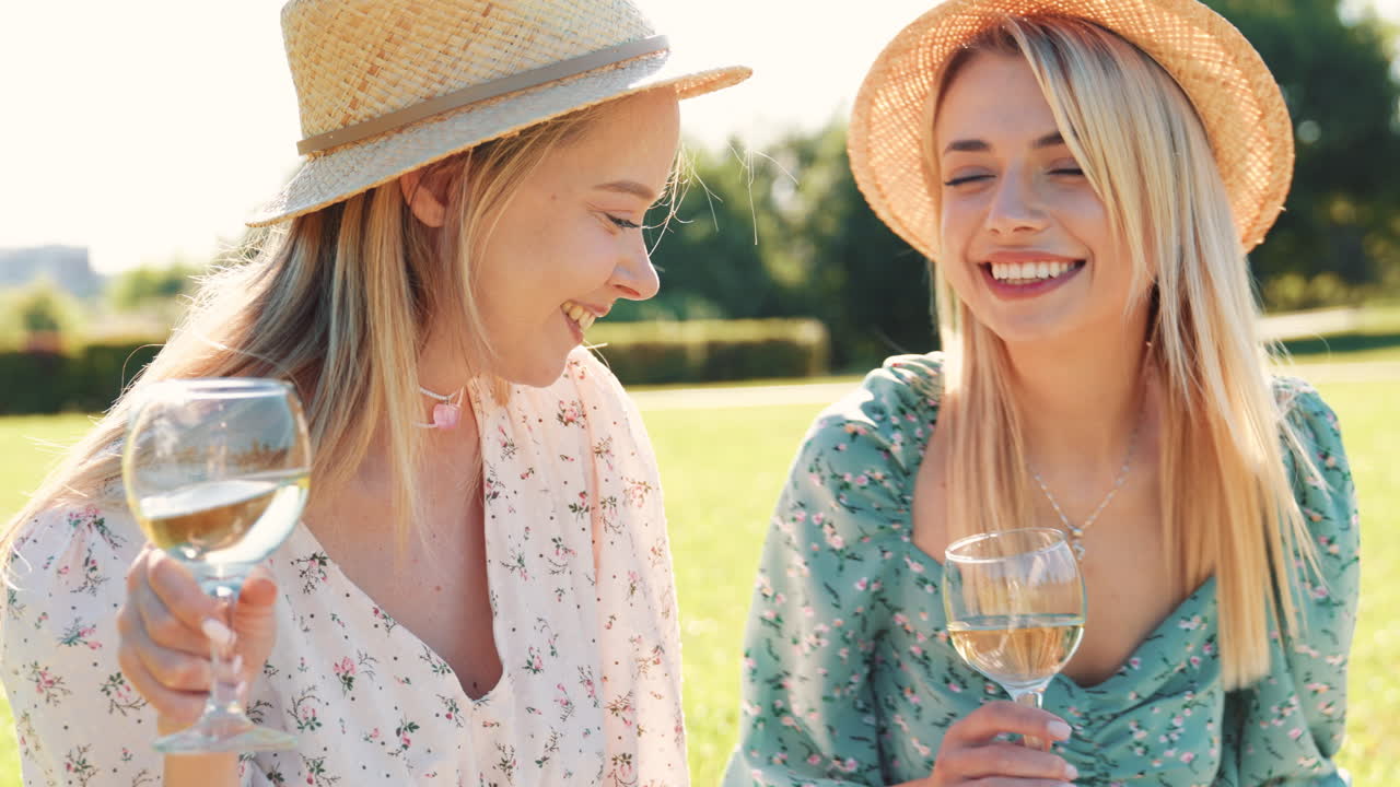 두 명의 행복한 여성들이 공원에서 피크닉을 즐기고 있습니다.