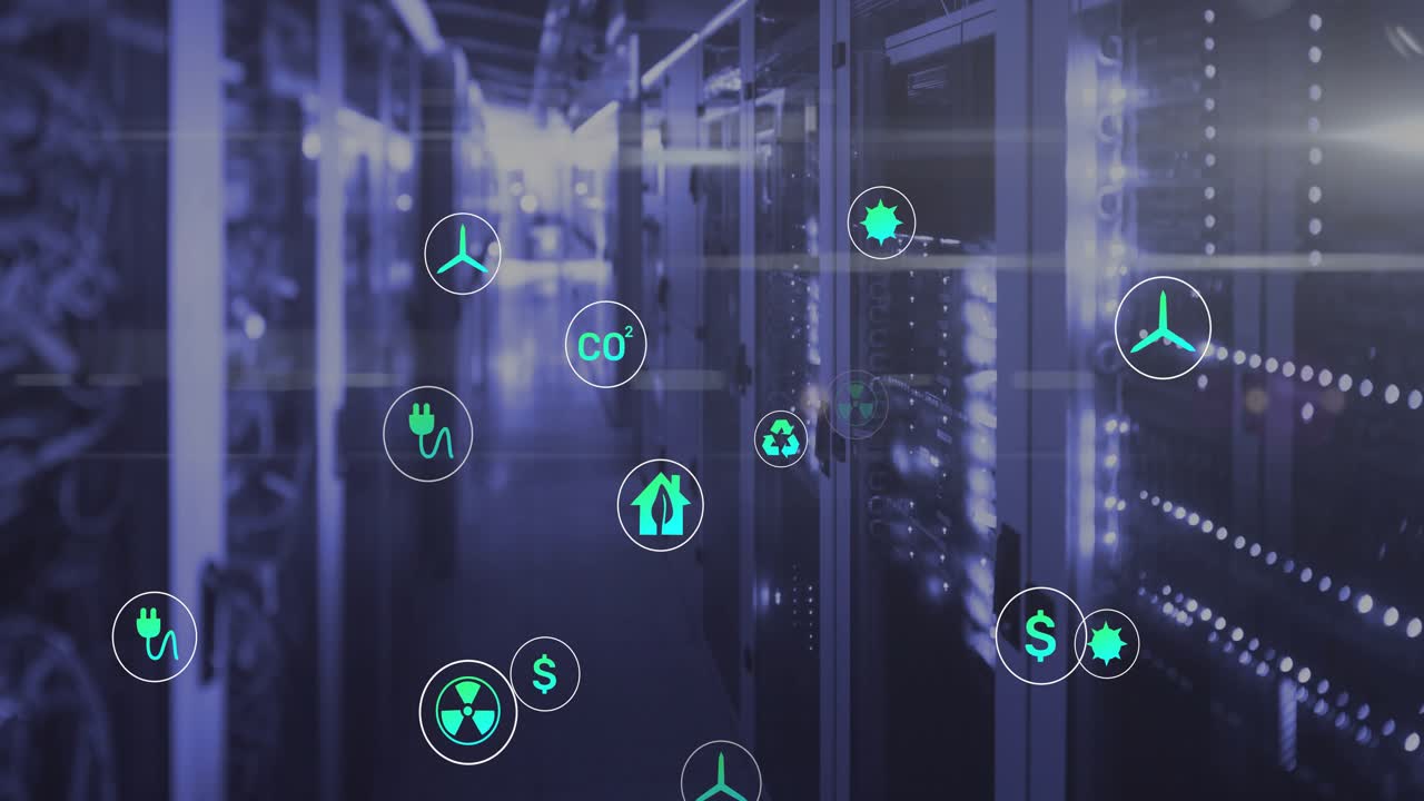 Server racks lining aisle, neon plug sparking icons rising, clustering, pulsing showing energy cost