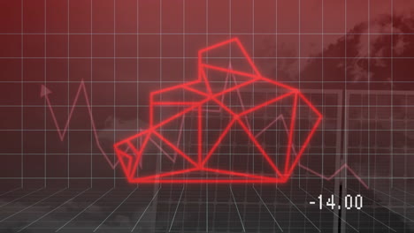 animación de tanque geométrico rojo sobre fondo de cuadrícula con datos financieros