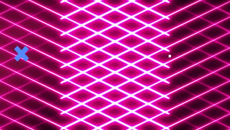 animación de cruces azules sobre una red de iconos, una cuadrícula de neón rosa y una red de circuitos