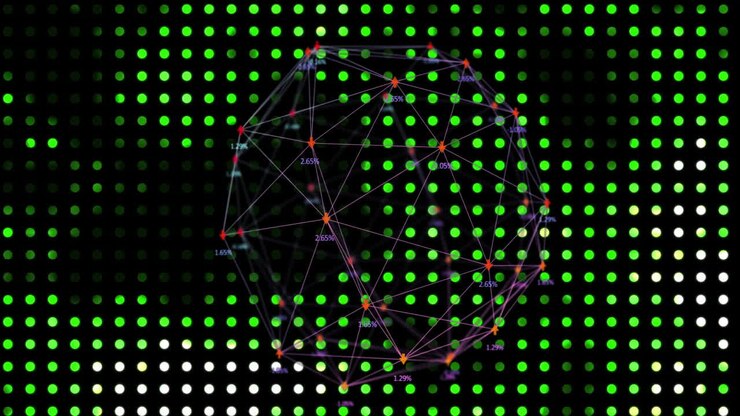 Animation of geometric network with data points on green and black background