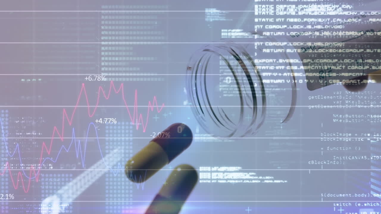Animation of data processing and floating diagrams over box of pills falling on light background